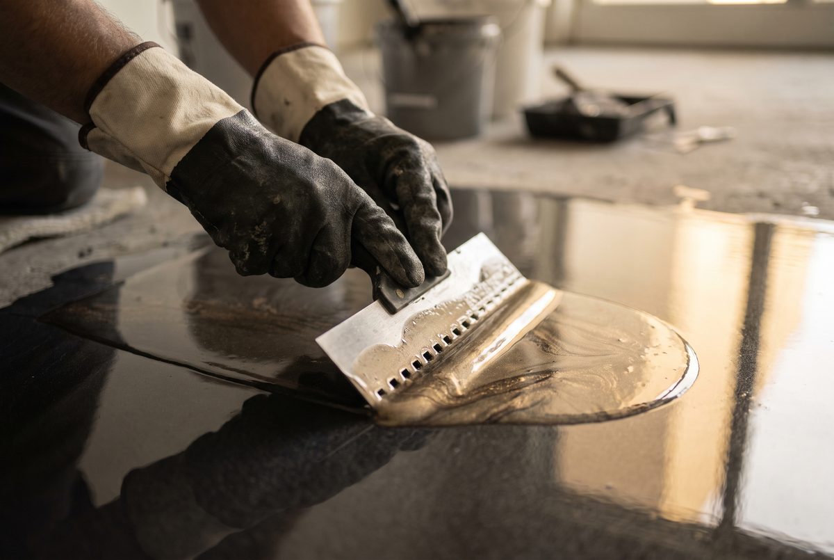 An installer working the wet leading edge of an epoxy pour.