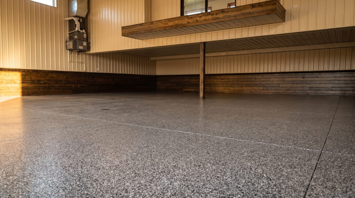 A finished ¼-inch flake epoxy floor in a workshop garage.