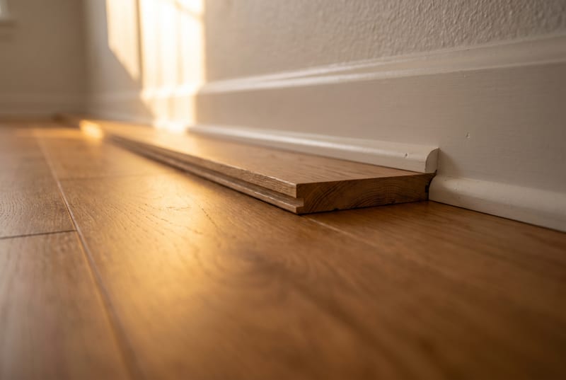 Engineered hardwood boards meeting a painted baseboard.