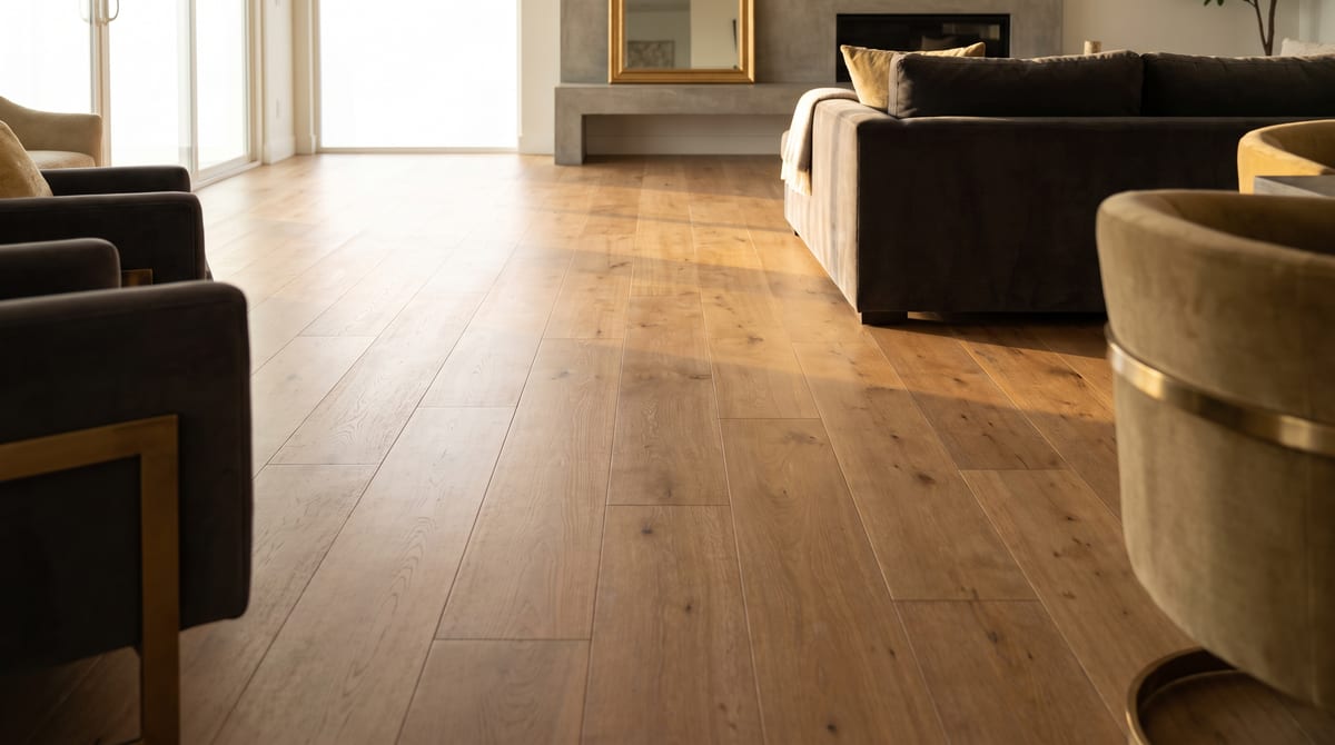 Warm mid-tone engineered oak flooring in a living room.