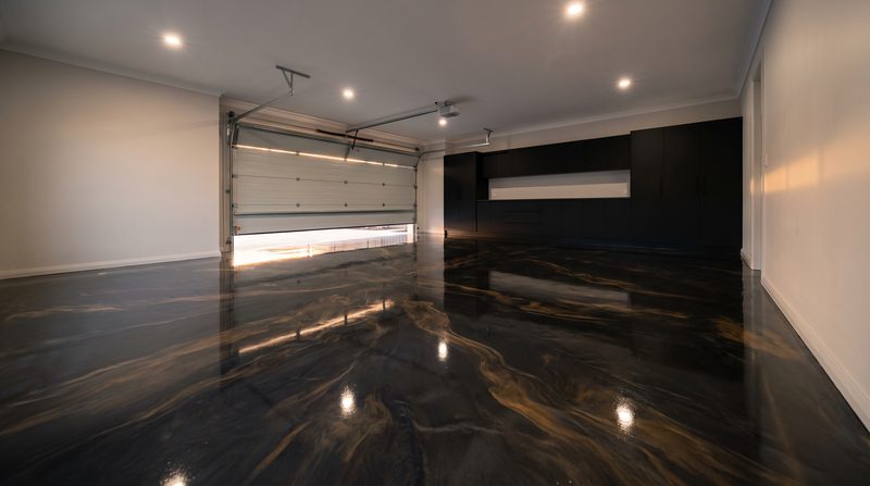 Metallic epoxy floor with a marbled, dimensional finish.