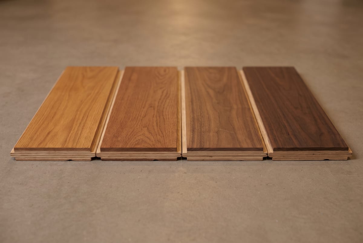 Engineered hardwood plank samples showing the wood wear layer over a laminated core.